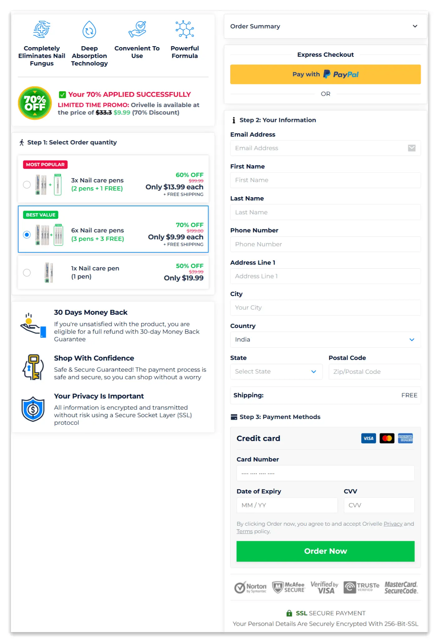 Orivelle secure checkout page
